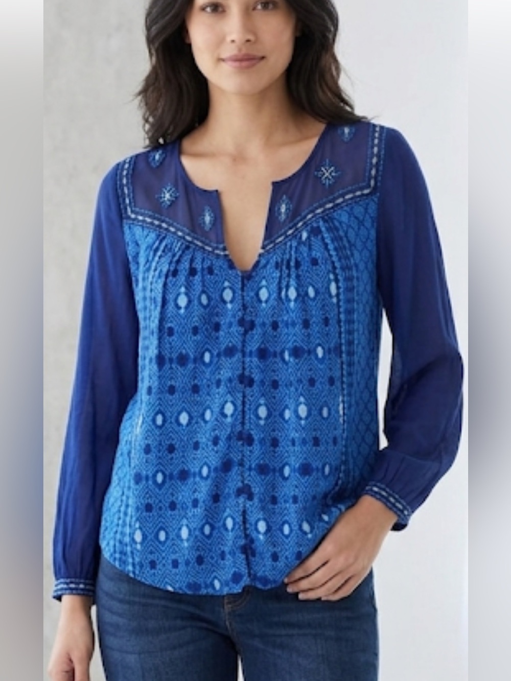 Lucky Brand Blue Embroidered Boho Top w/ Sheer Sleeves – Size Small